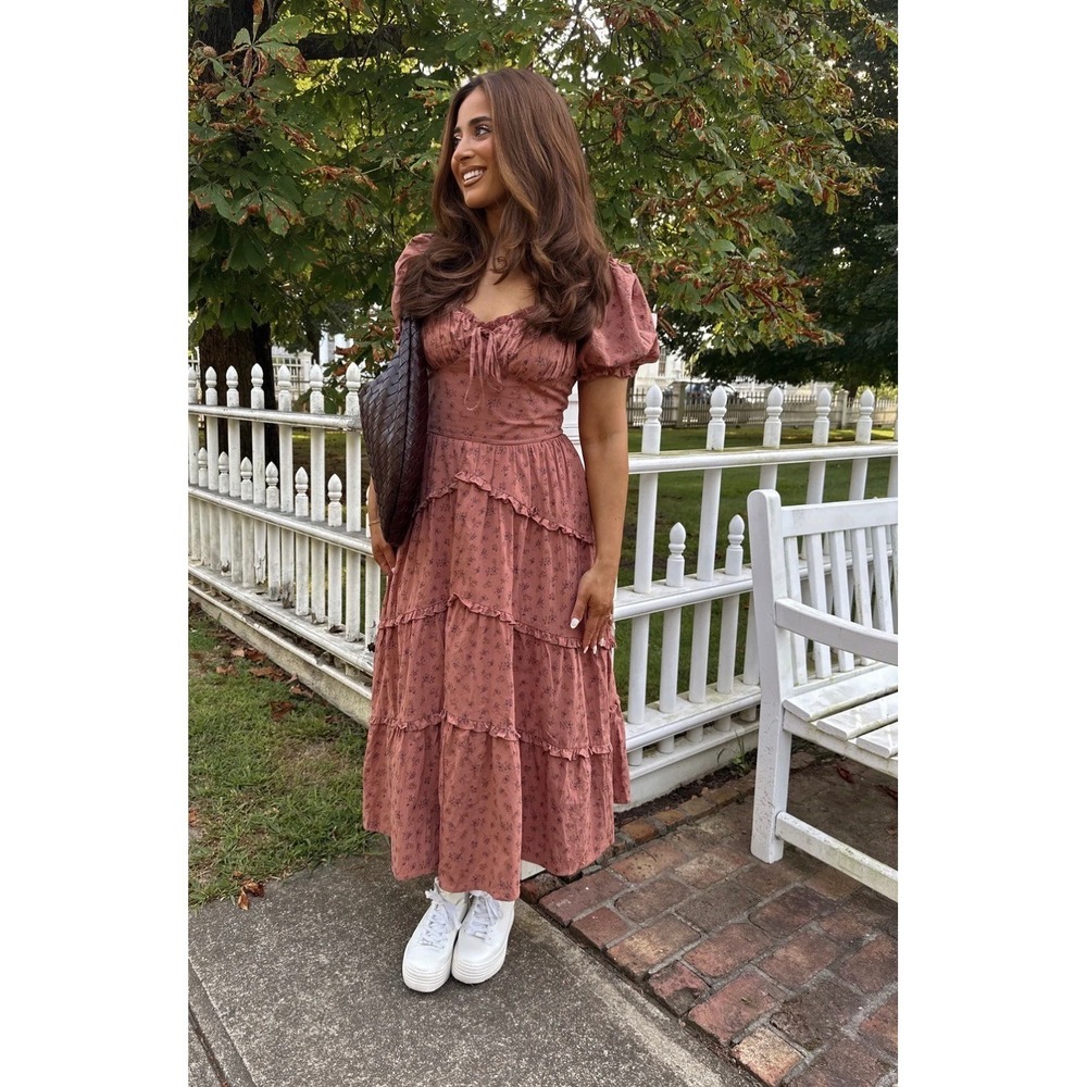 NEW Storia Floral Brown Ruffle Midi Dress Women Sz M 100% Cotton Cottagecore - Picture 5 of 15